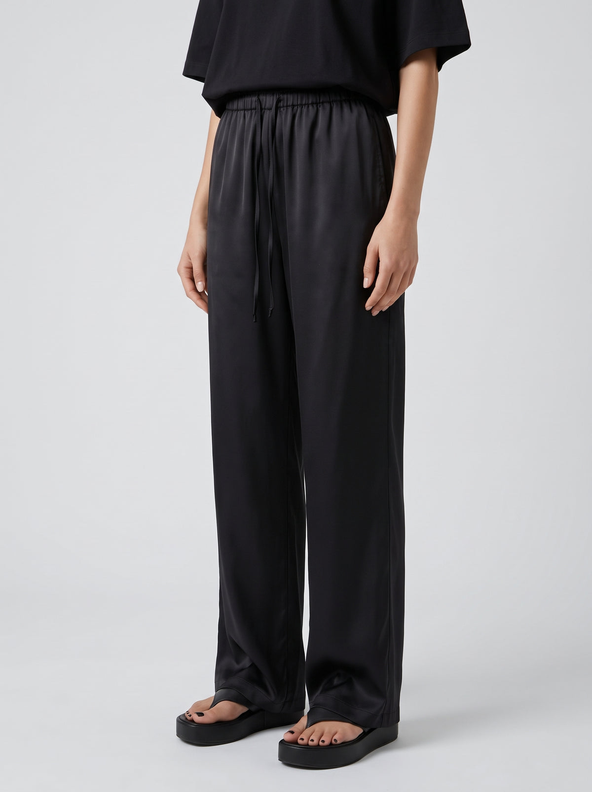 Norma High-Waisted Satin Wide-Leg Pants — Black