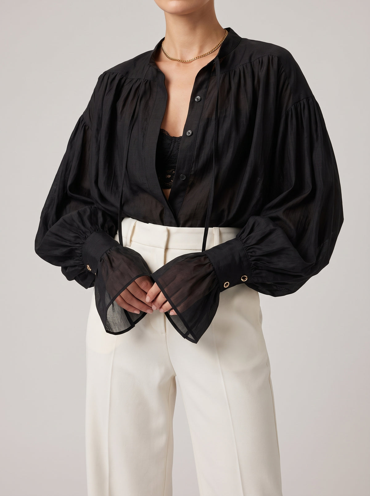Brielle Sheer Button-Up Blouse - Black