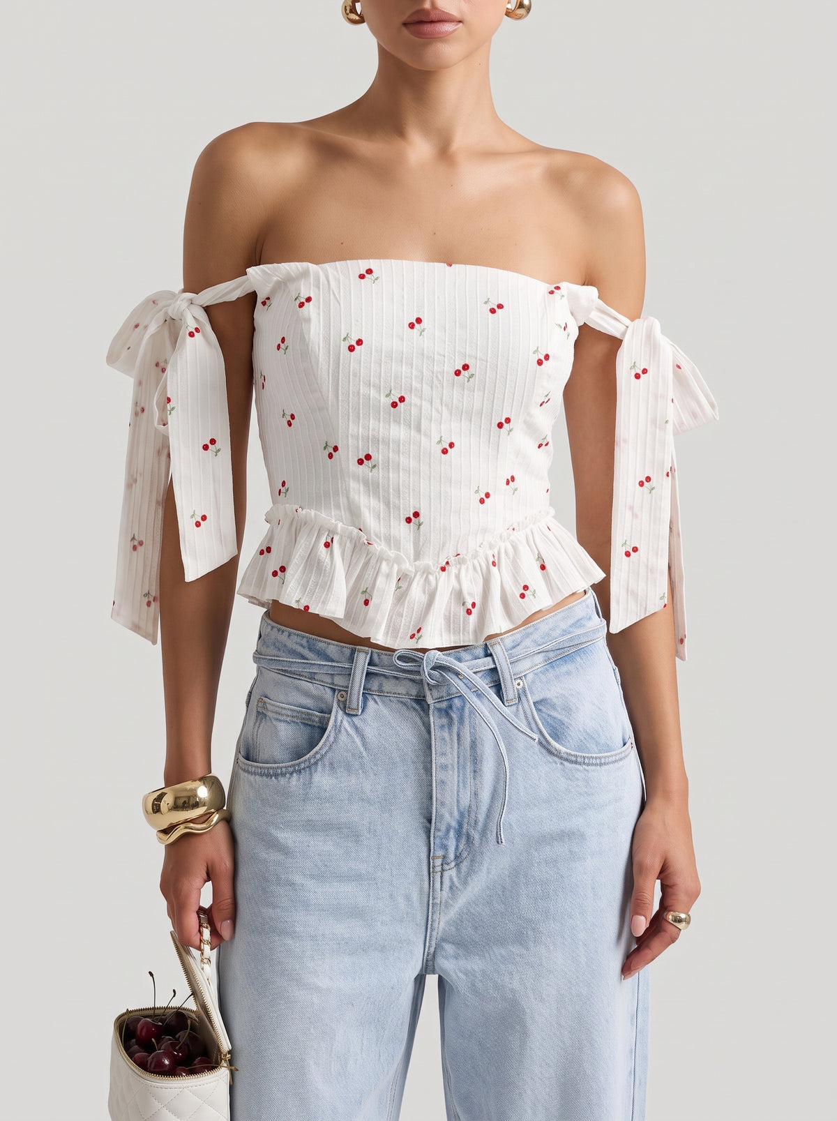 Fabia Floral Off-the-Shoulder Ruffle Top — White