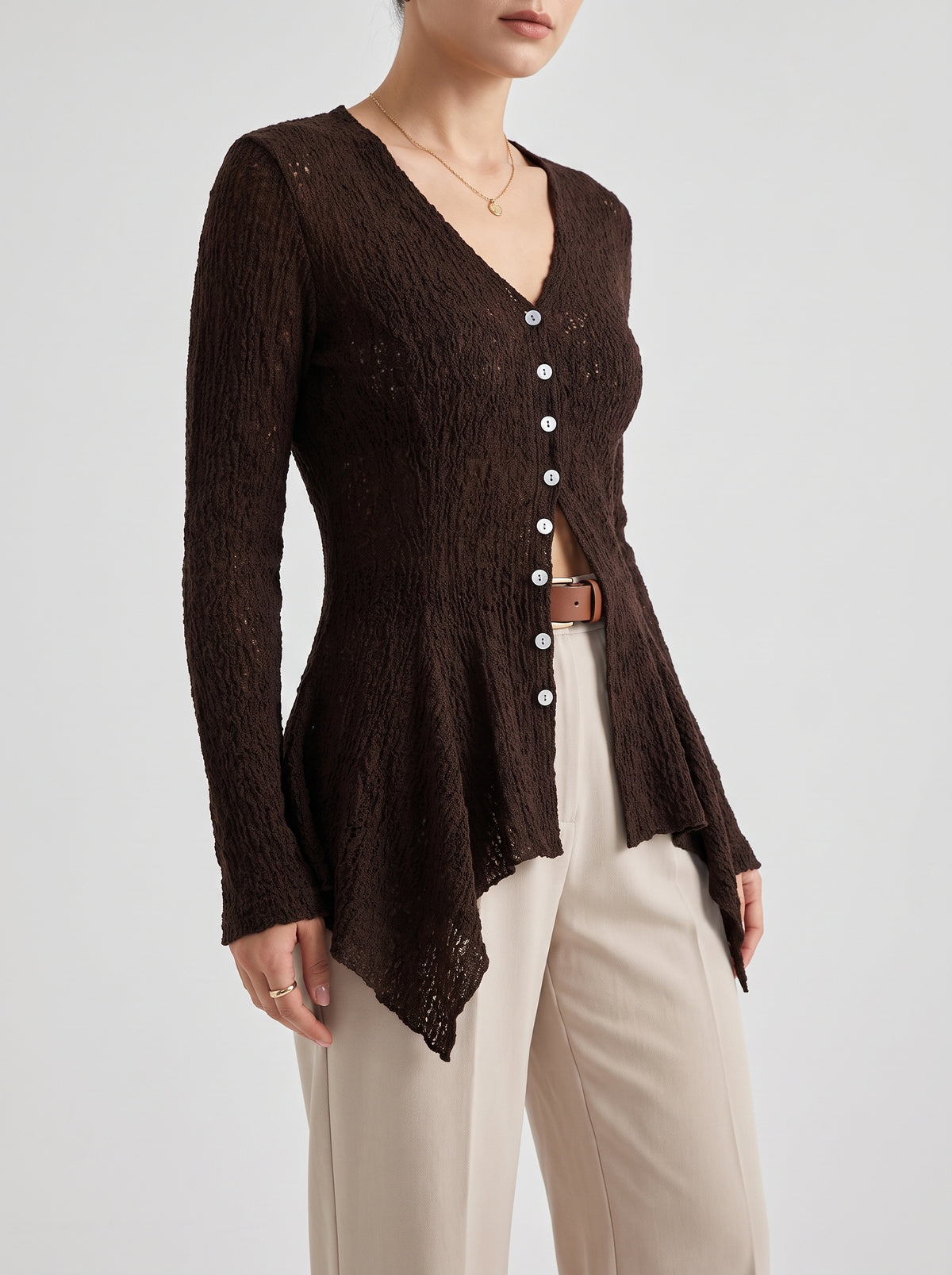 Jenna Sheer Jacquard Cardigan with Asymmetric Hem - Black
