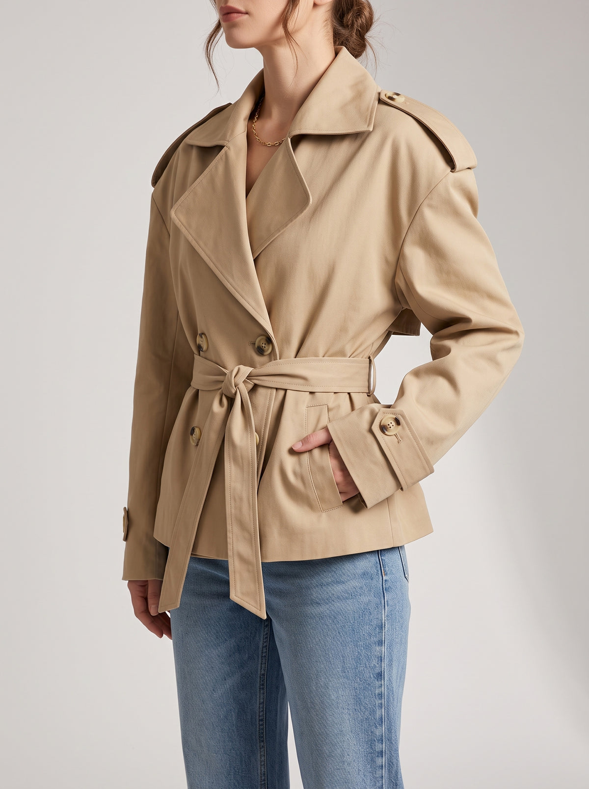 Hailey Cropped Faux Leather Trench Coat — Beige
