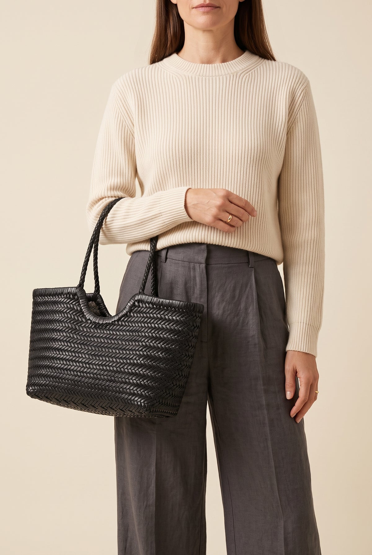 Beatrice Woven Faux Leather Tote — On-Model View