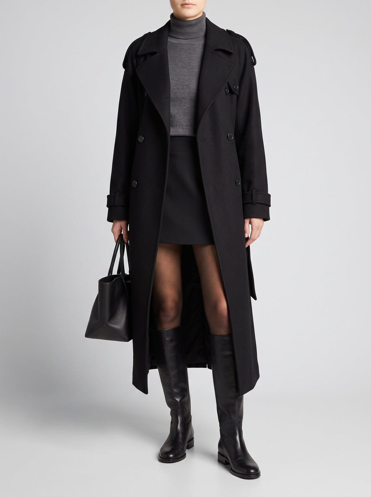 Alicia Long Double-Breasted Wool-Look Coat — Black