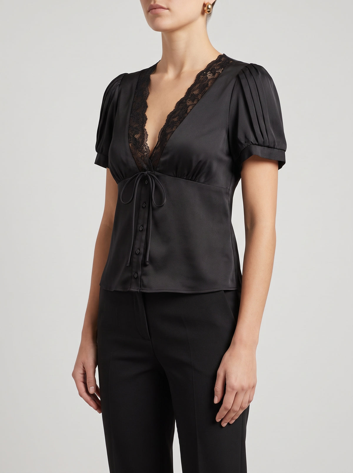 Short-Sleeve Lace Blouse with V-Neck and Rosettes - Black