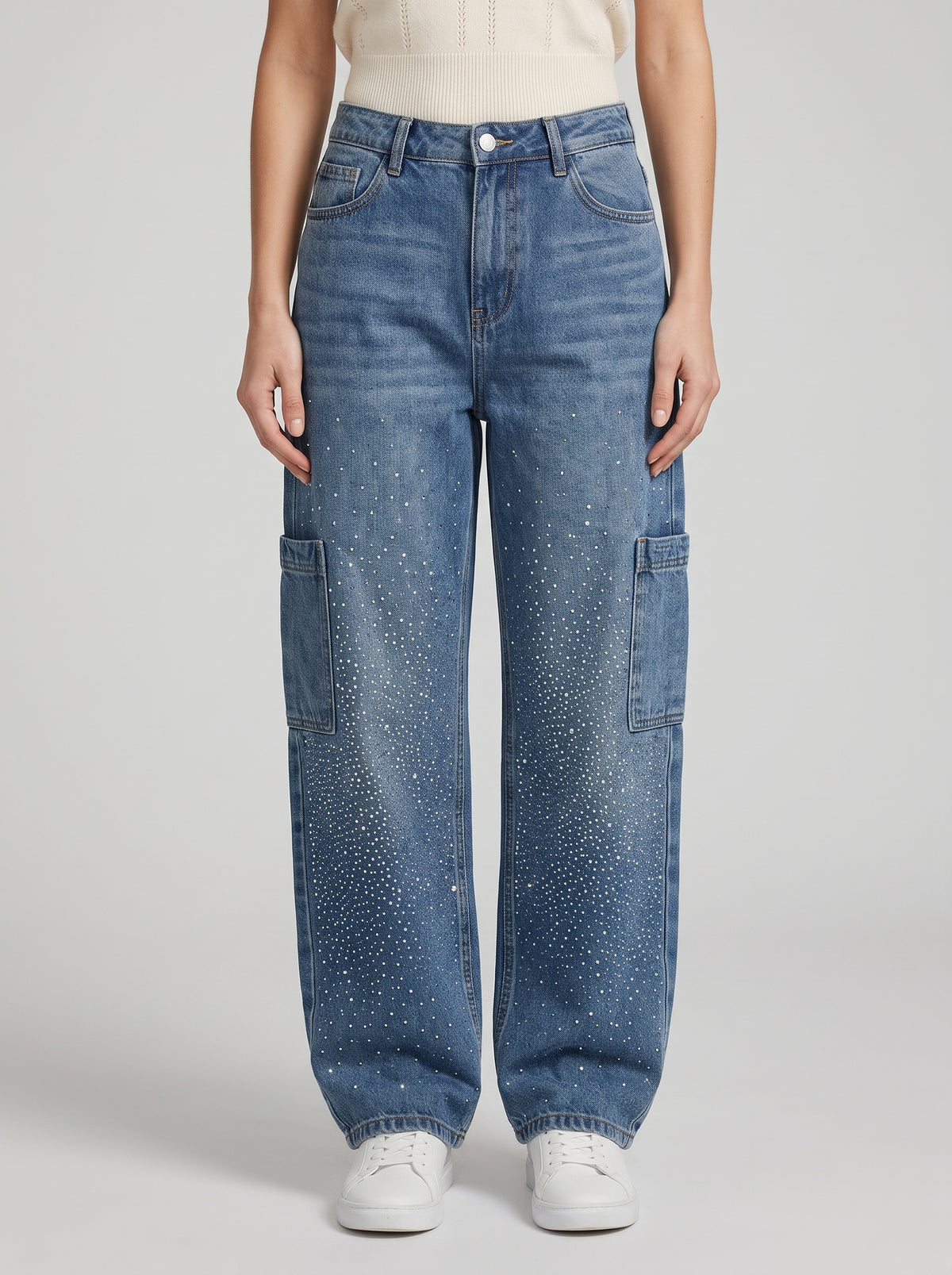 Jeremy Rhinestone Baggy Cargo Jeans — Light Denim