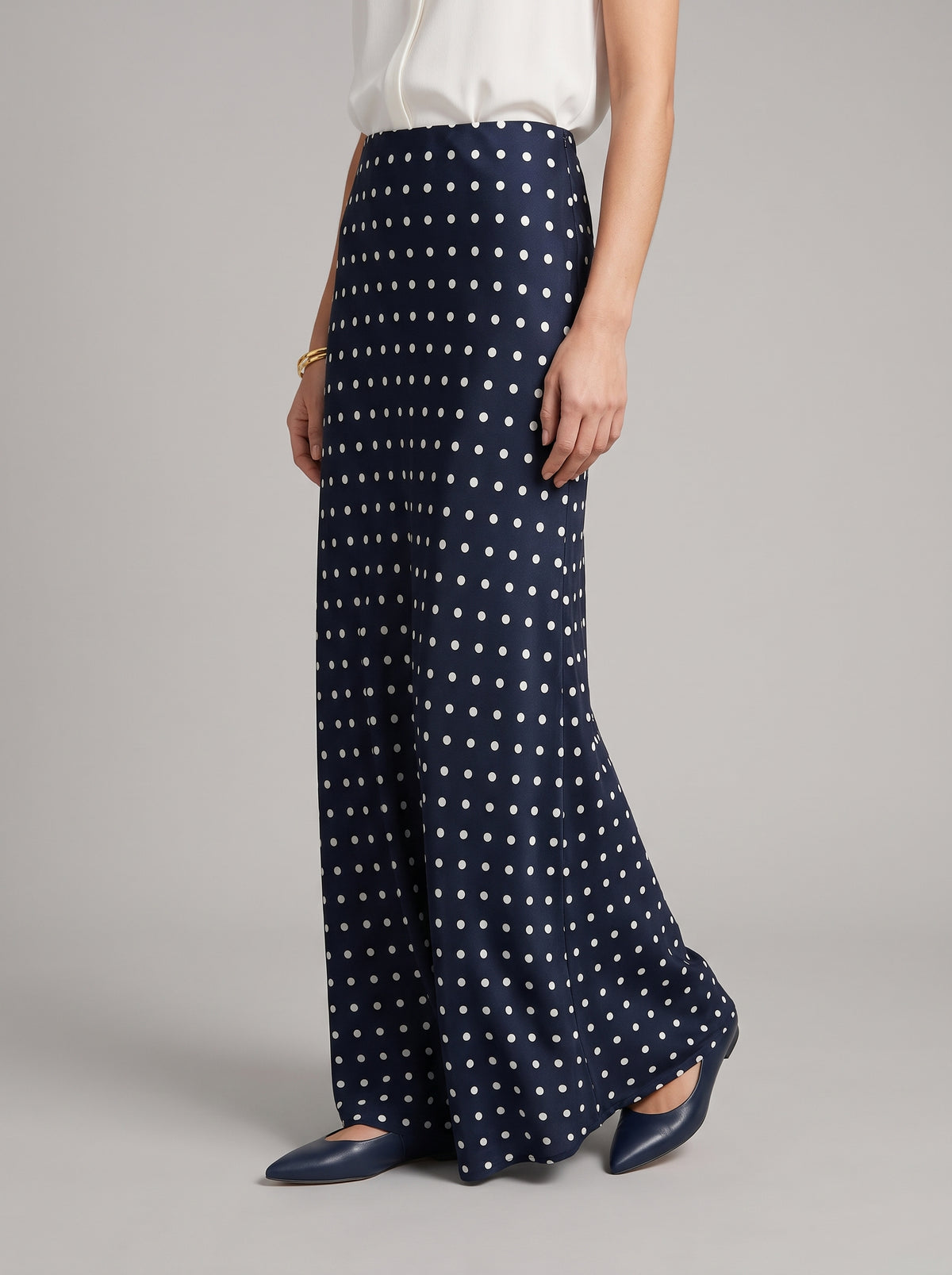 Beatrice Polka Dot Satin Maxi Skirt — Navy