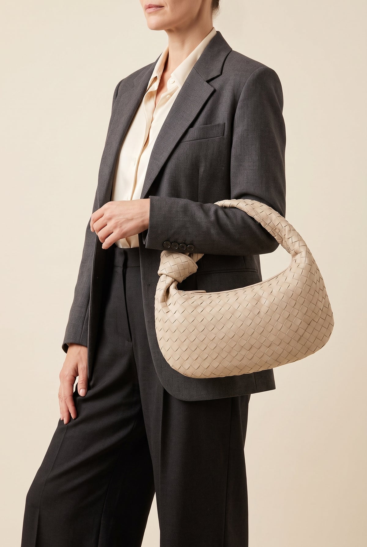 Medium Woven Faux Suede Shoulder Bag — On-Model View