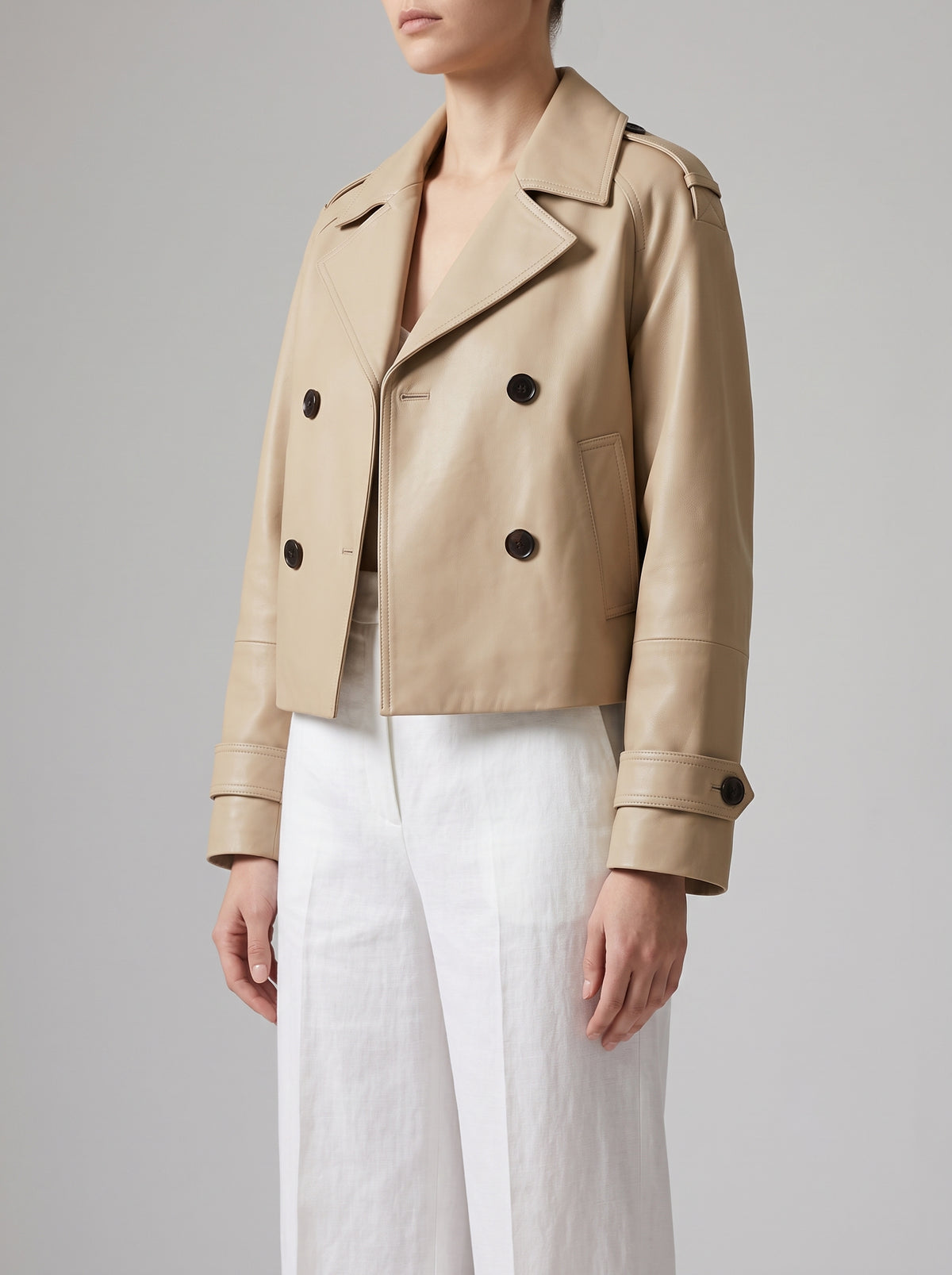 Janice Cropped Double-Breasted Trench Coat — Beige