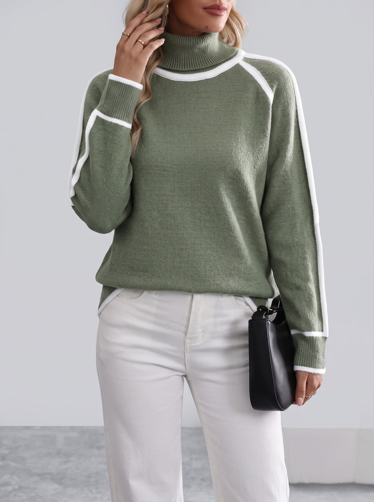 Juvy Contrast High-Neck Sweater — Sage