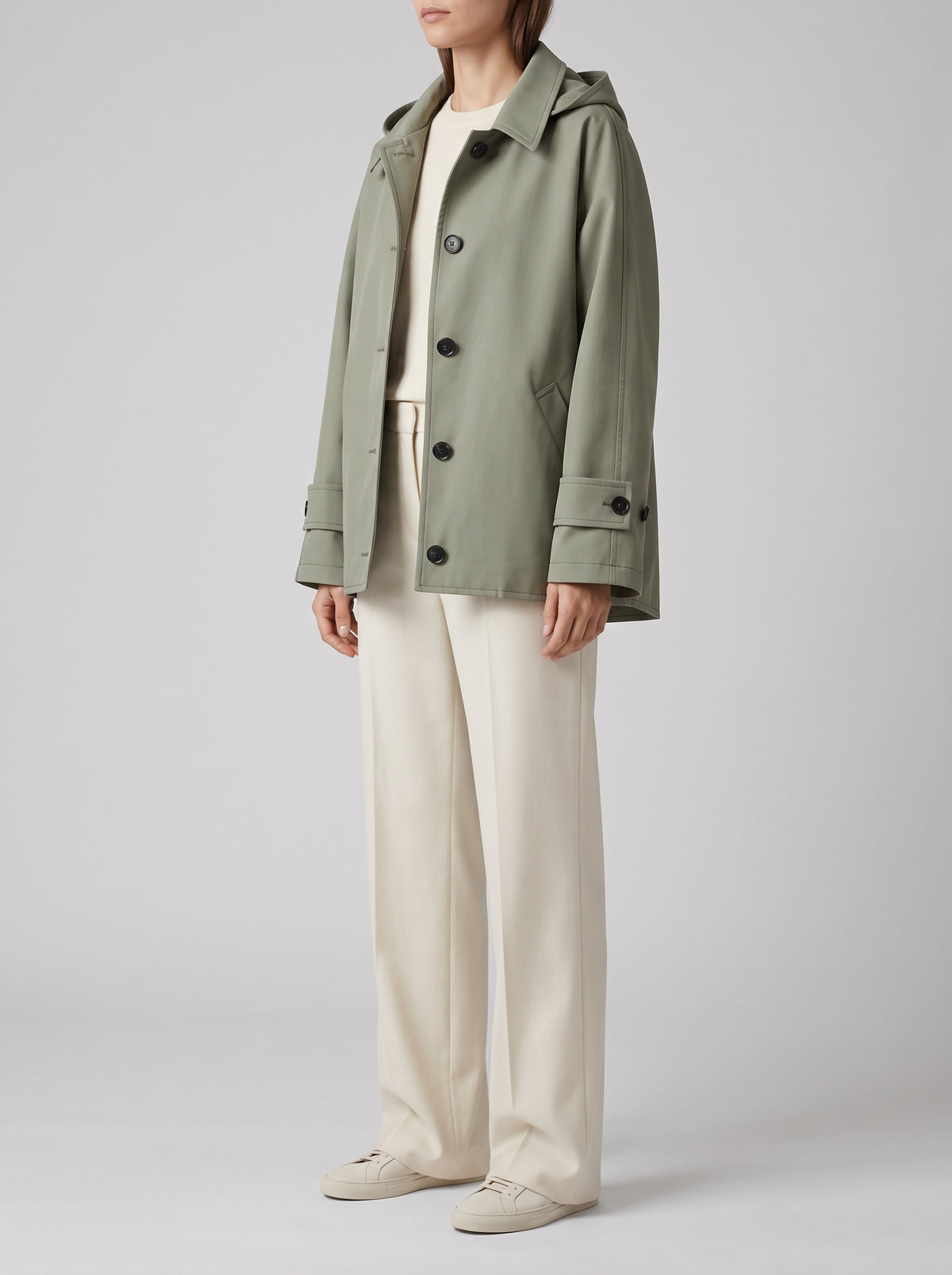 Julia Cropped Hooded Trench Coat — Military Green