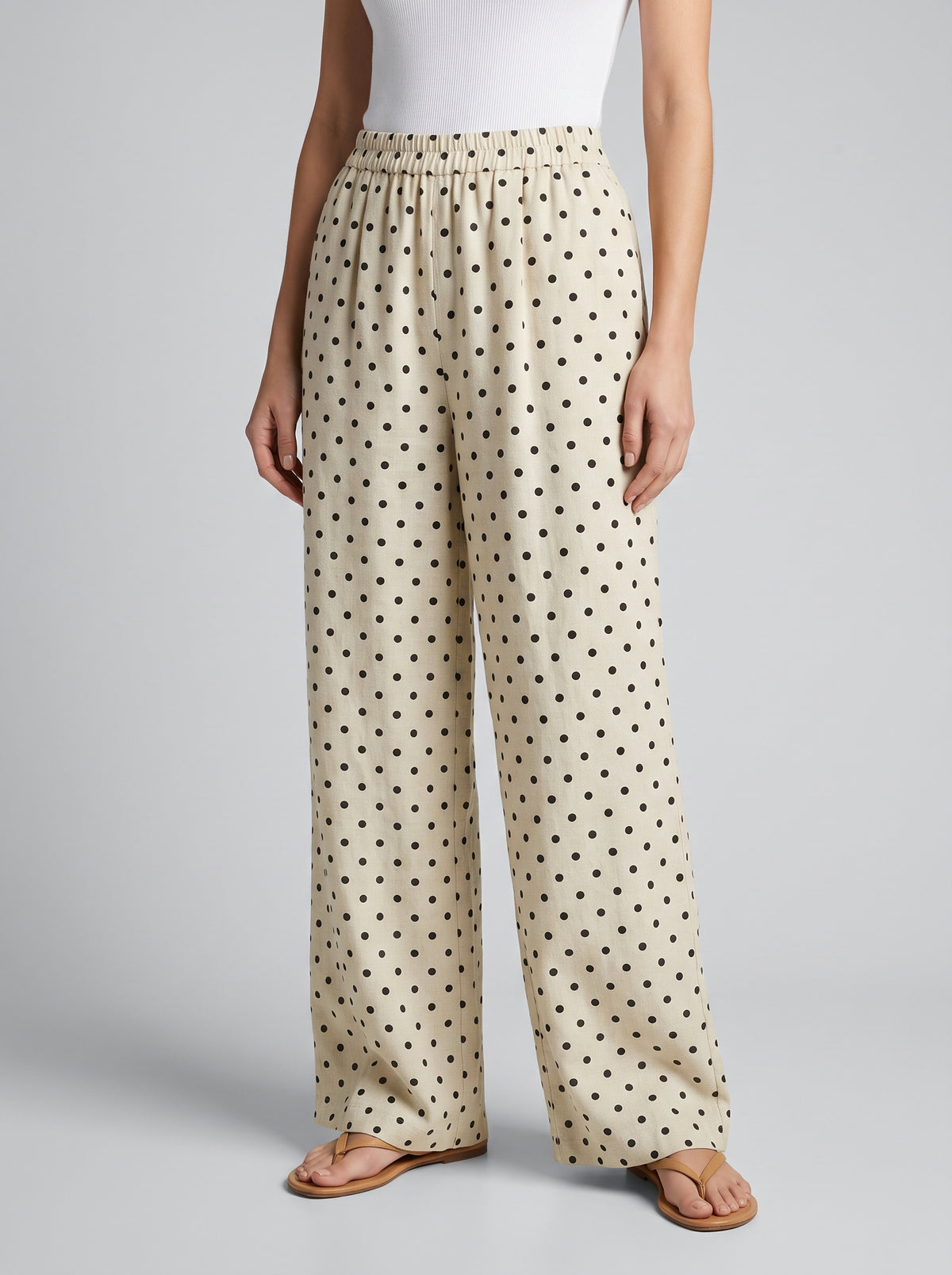 Elizabeth Polka Dot Linen Wide-Leg Pants — Beige