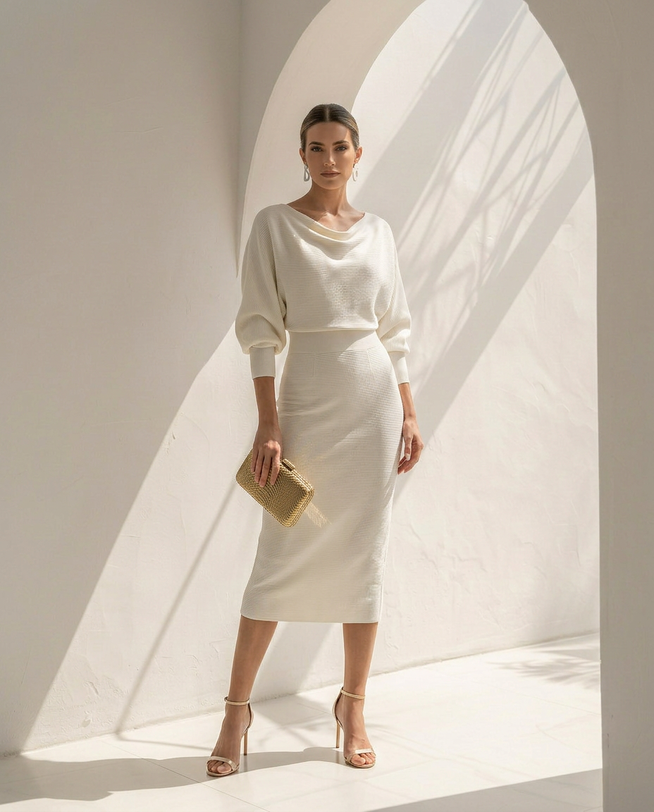 Isolde · Midikleid mit Fledermausärmeln und Drapierung