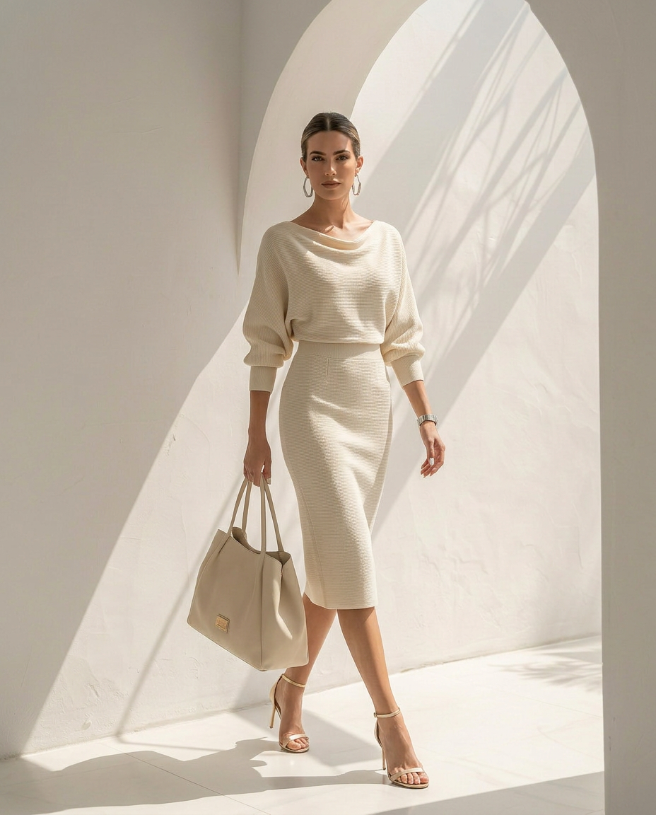 Isolde · Midikleid mit Fledermausärmeln und Drapierung