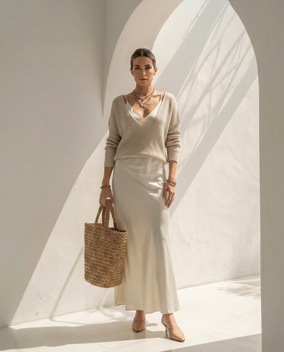Velaria · Robe midi en satin avec gilet coordonné