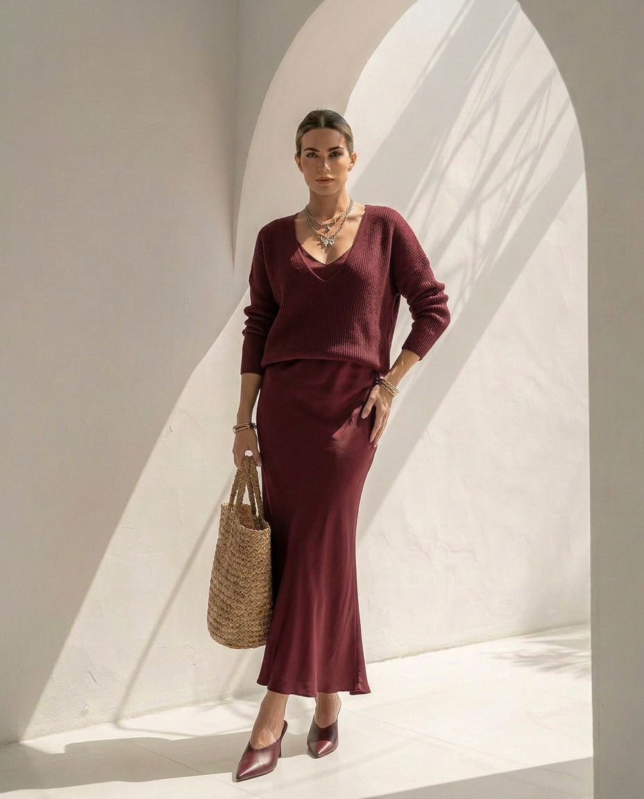 Velaria · Robe midi en satin avec gilet coordonné