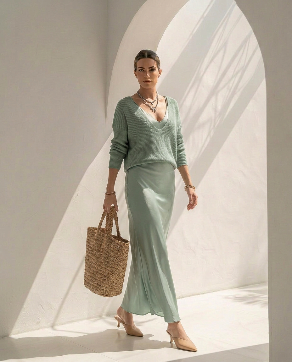 Velaria · Robe midi en satin avec gilet coordonné