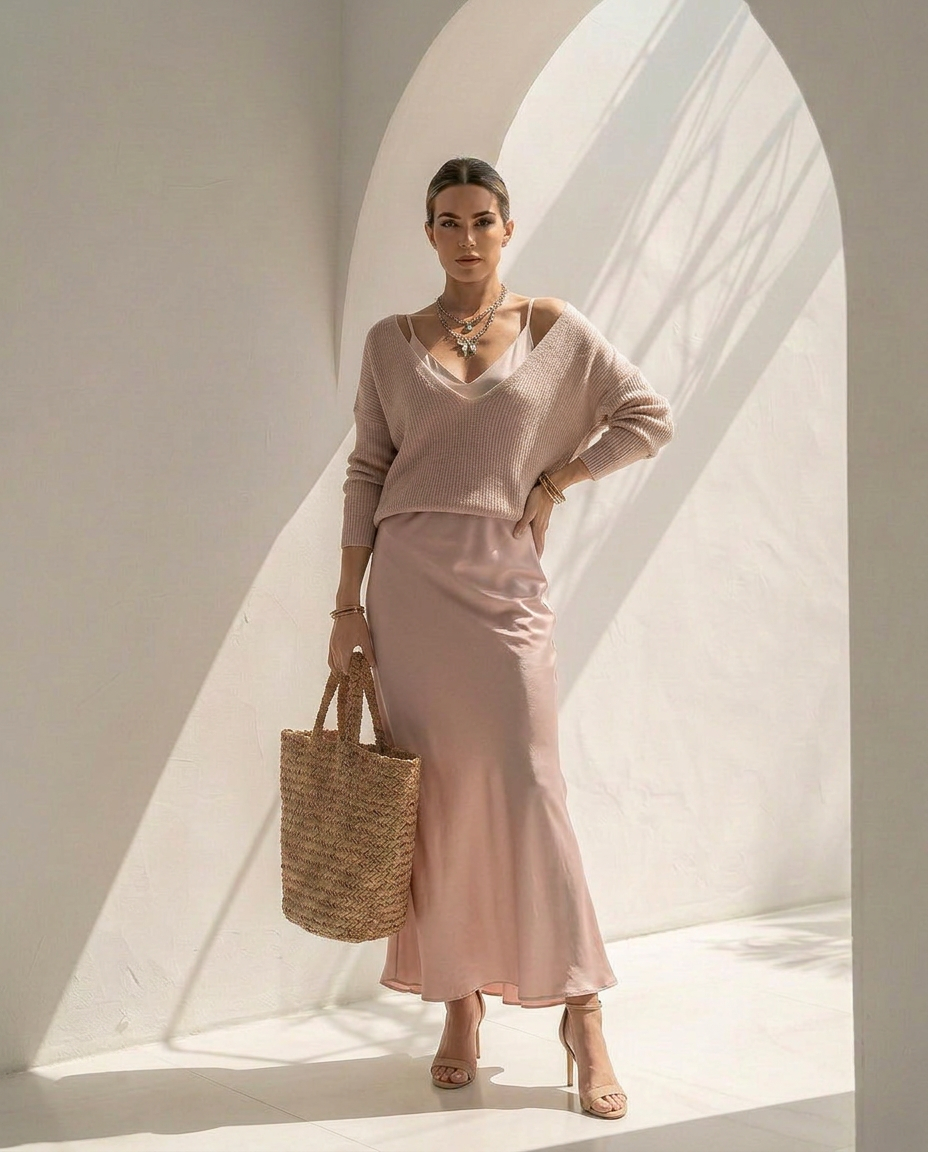 Velaria · Robe midi en satin avec gilet coordonné