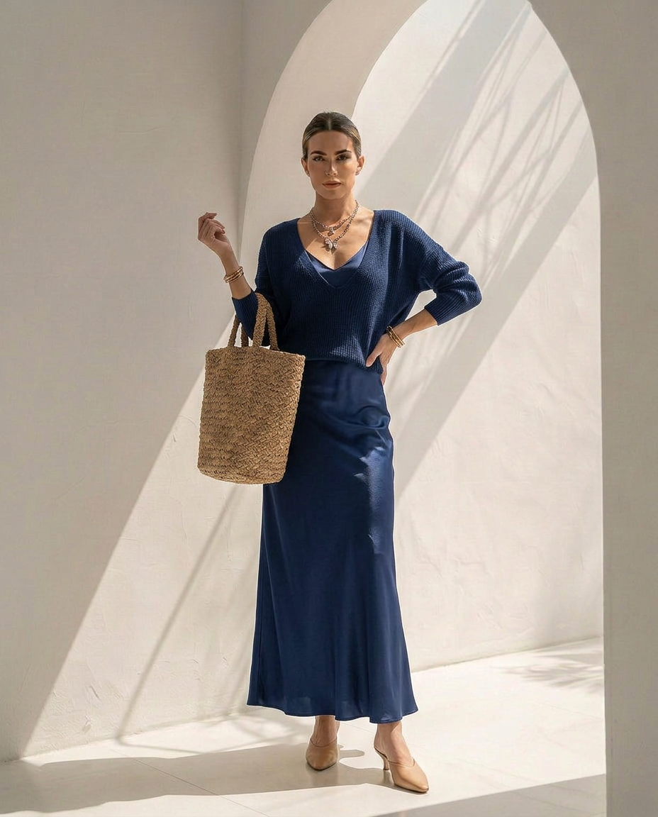 Velaria · Robe midi en satin avec gilet coordonné