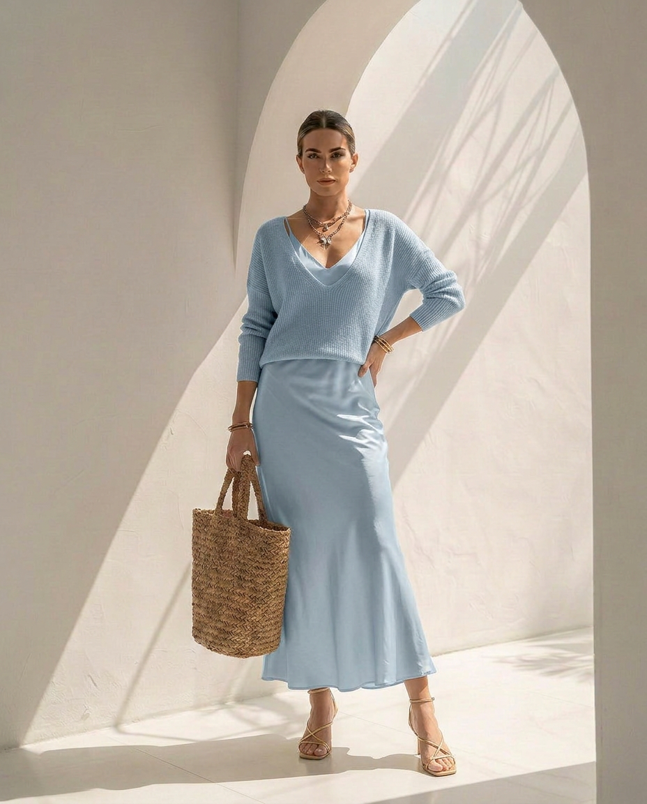 Velaria · Robe midi en satin avec gilet coordonné