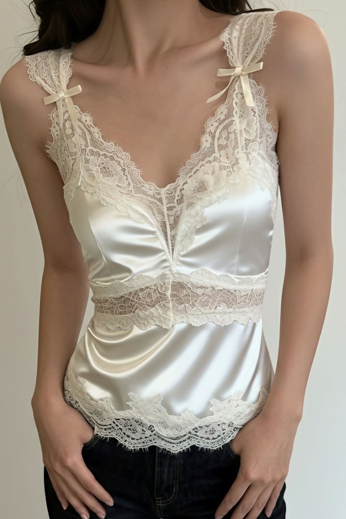 Blouse Julianne en satin et dentelle, sans manches, à encolure en V