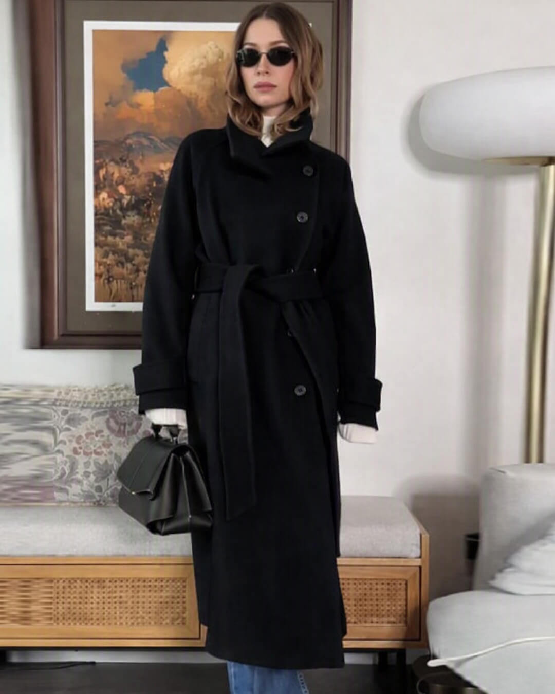 Manteau long Claudine avec ceinture et col montant