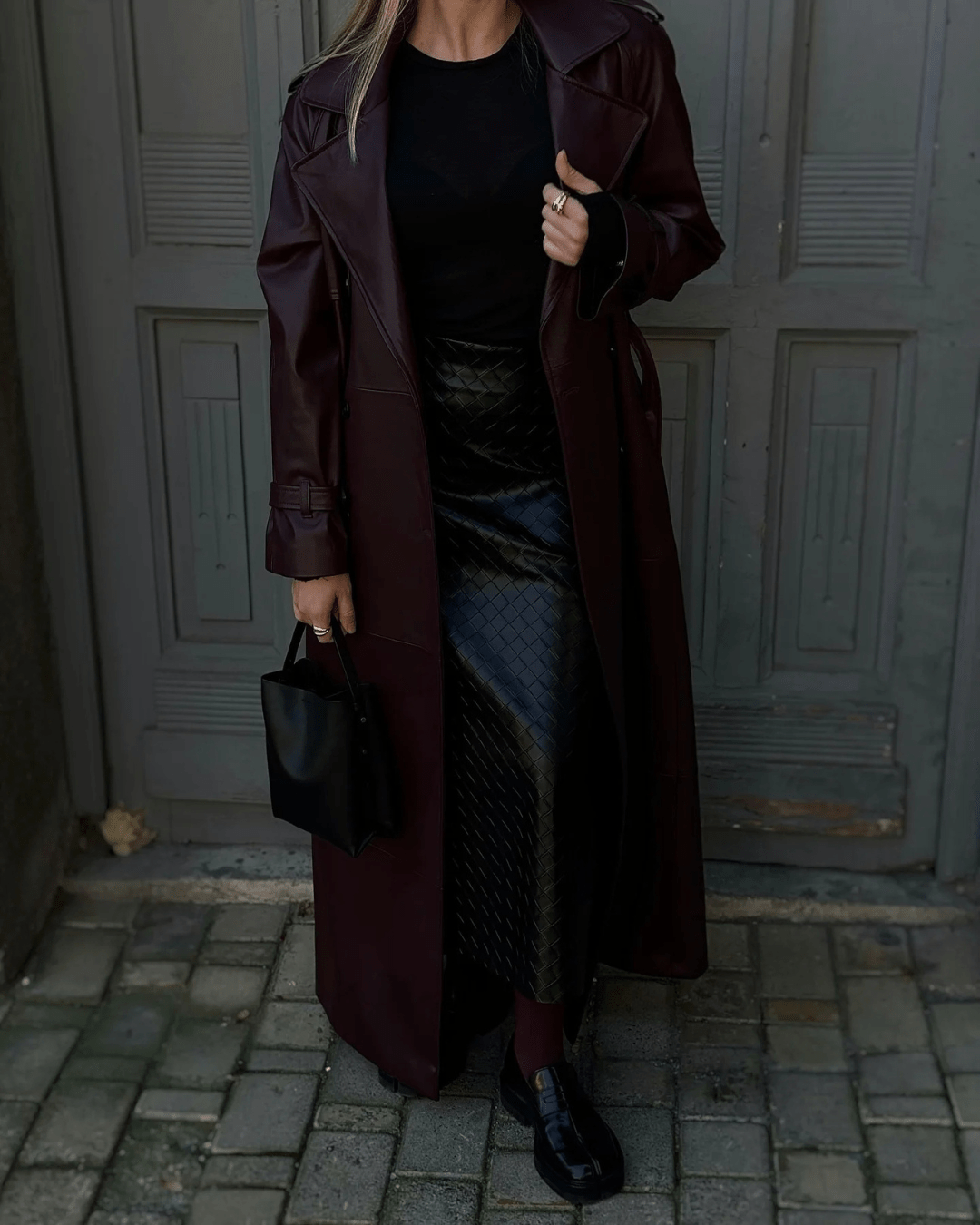 Manteau long maxi style trench en similicuir Cassy