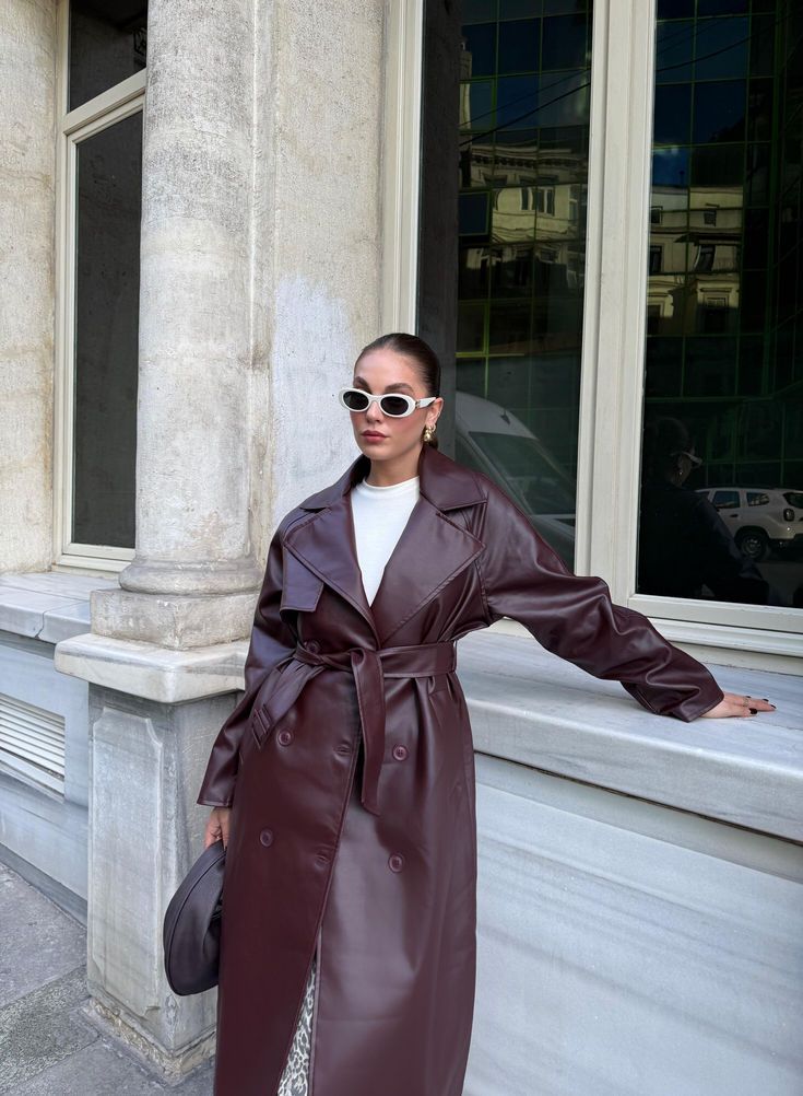 Manteau long maxi style trench en similicuir Cassy