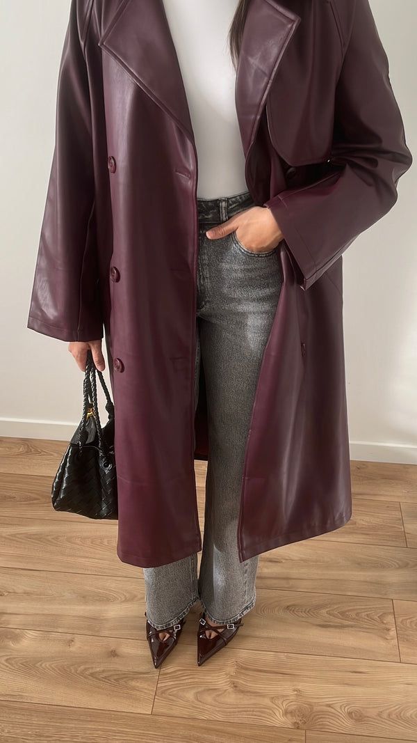 Manteau long maxi style trench en similicuir Cassy