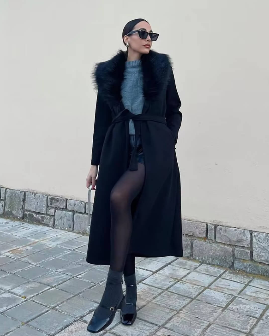 Manteau maxi Flora à col en fausse fourrure