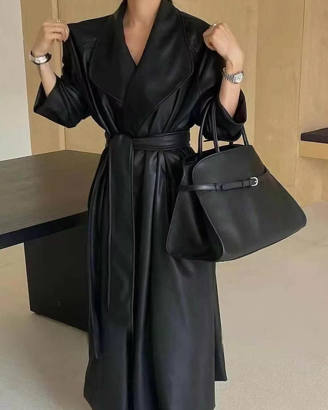 Manteau long style trench en similicuir Shiela