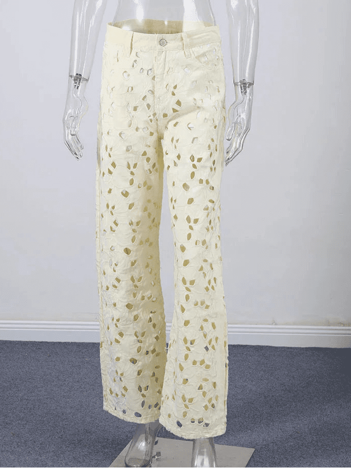 Jean Rachel taille haute avec découpes, coupe droite