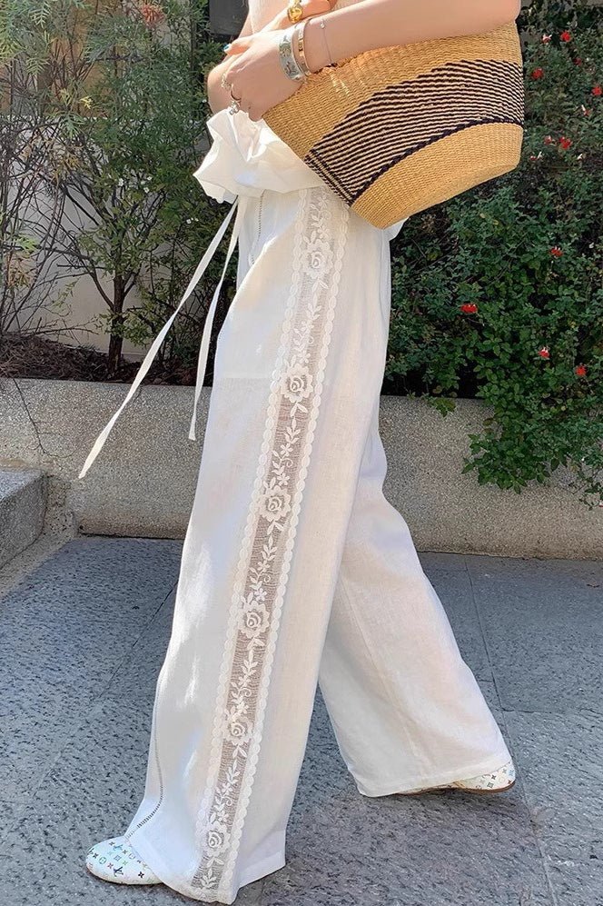 Pantalon droit Clara en lin avec empiècements en dentelle
