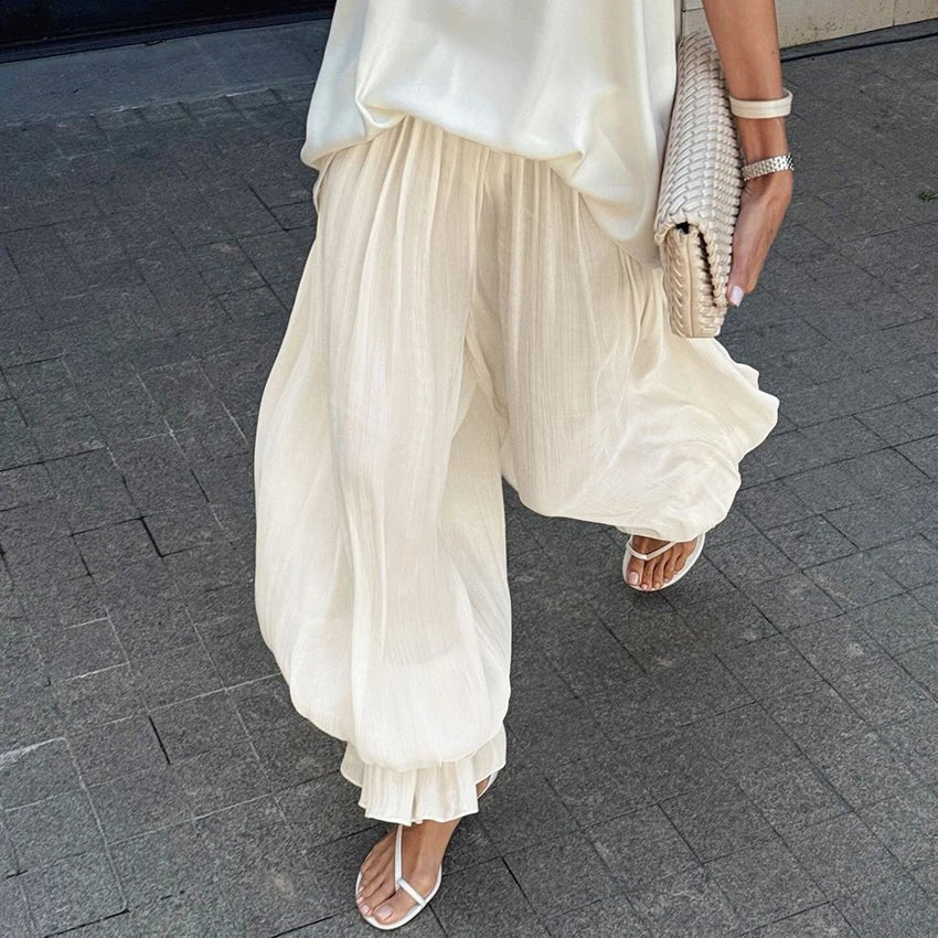 Pantalon évasé Beatrice en mousseline à taille élastique