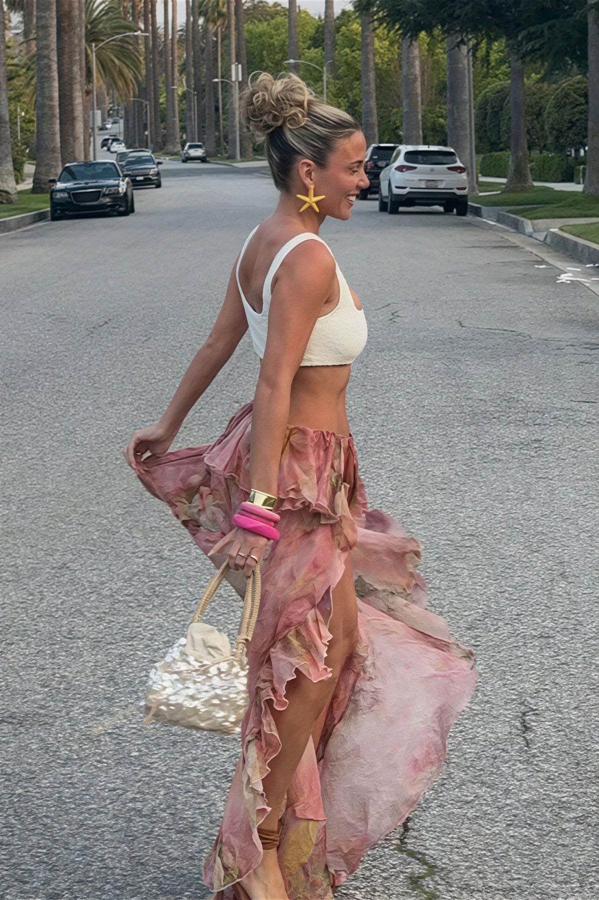 Bianca jupe asymétrique à volants et imprimé floral