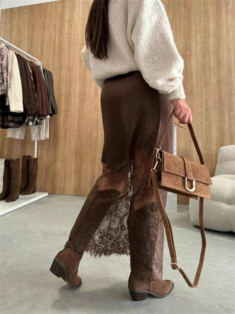 Lia jupe longue maxi en satin et dentelle