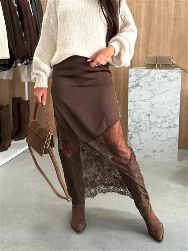 Lia jupe longue maxi en satin et dentelle