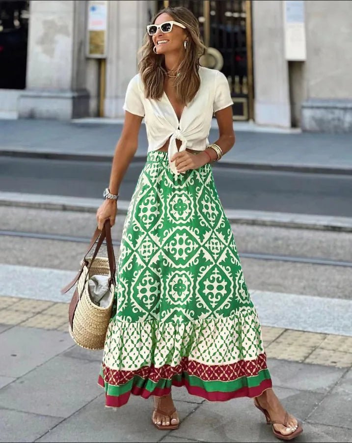Rhea Boho – Jupe midi imprimée et évasée