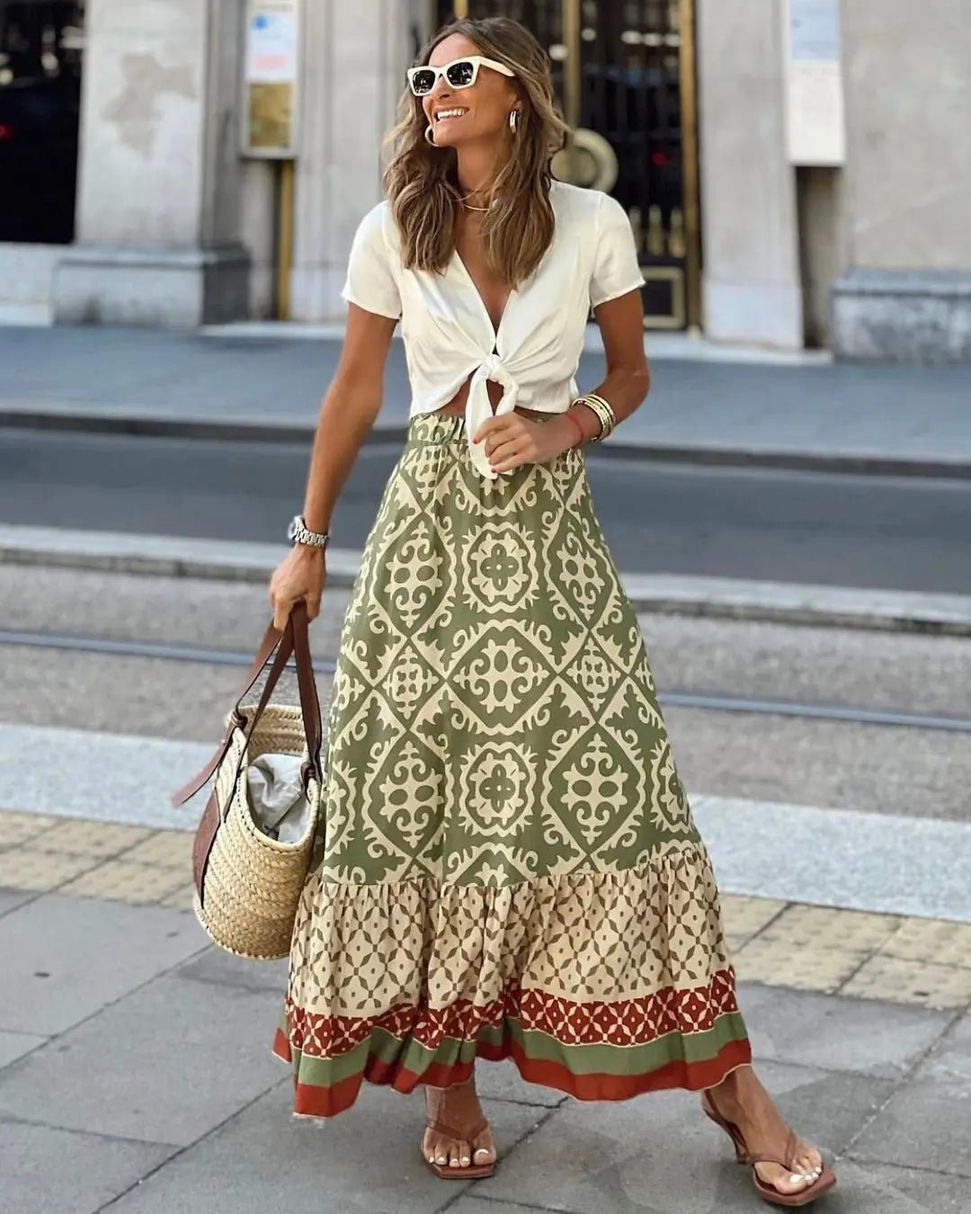 Rhea Boho – Jupe midi imprimée et évasée