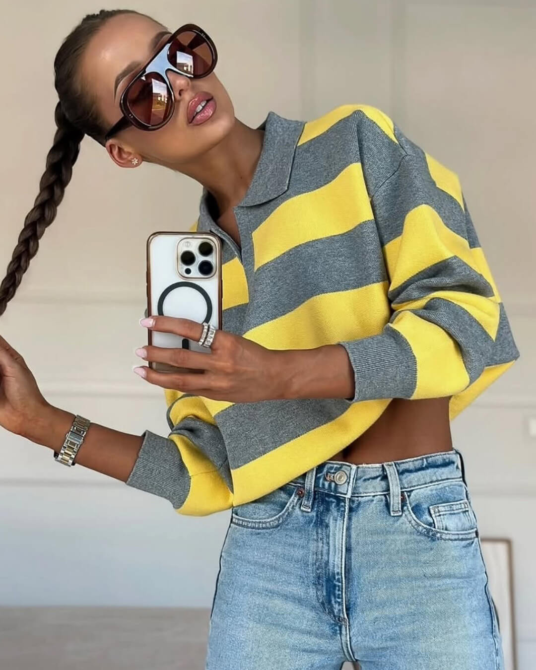 Pull en maille rayé à col en V pour femme