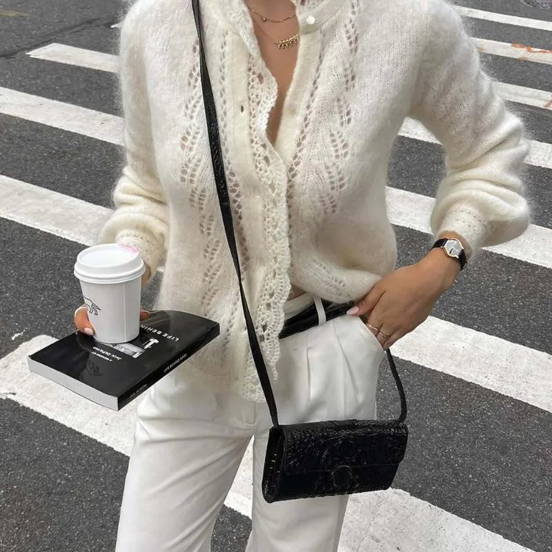 Cardigan blanc en maille dentelle Lia