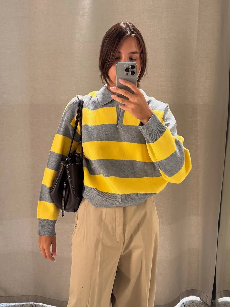 Pull en maille rayé à col en V pour femme