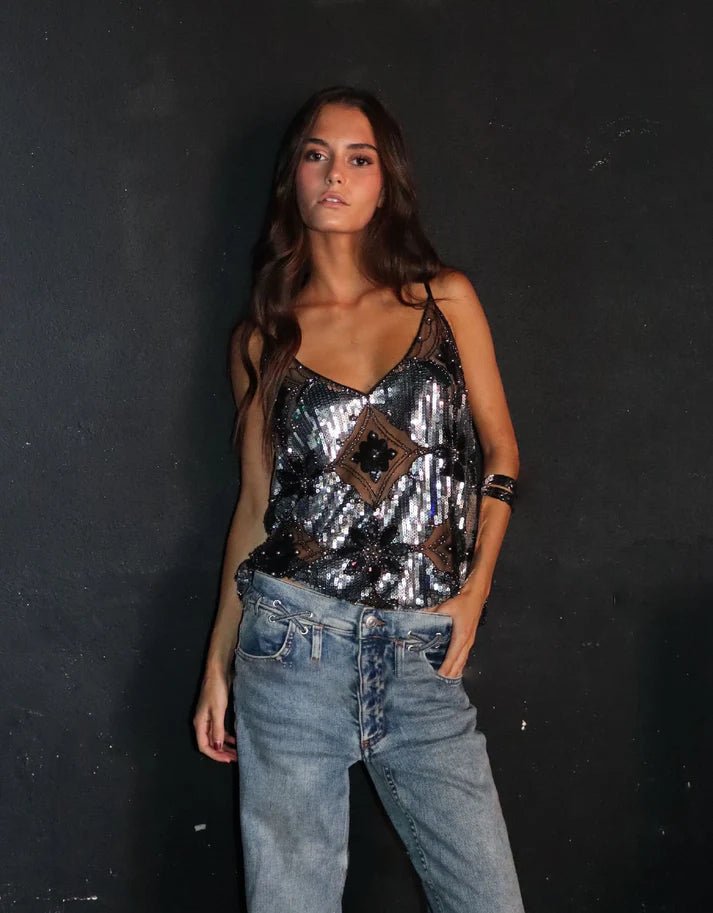 Top transparent à sequins et ornements Agrippina