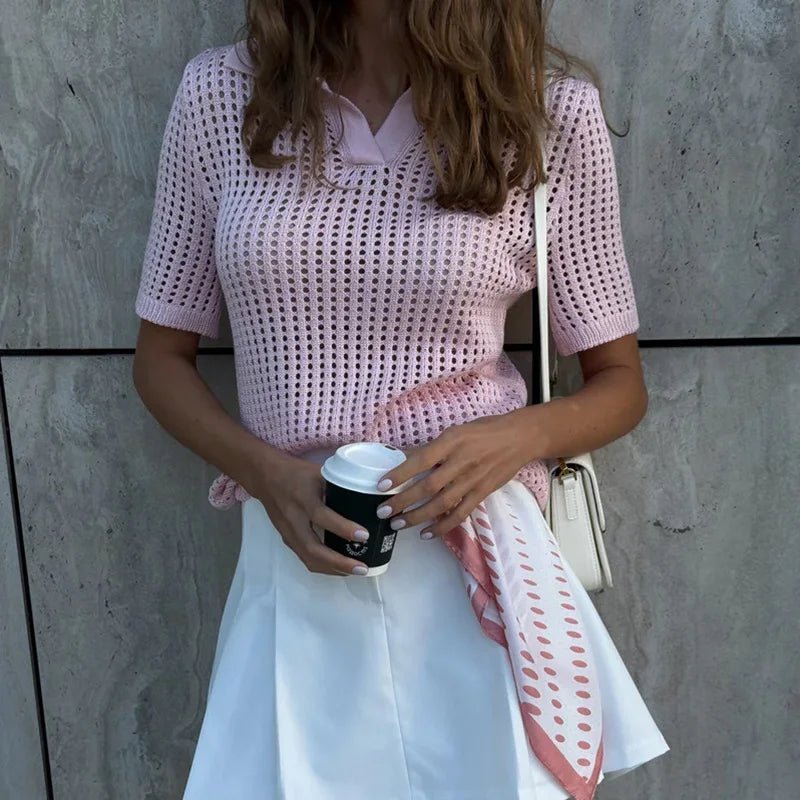 Blouse polo en maille ajourée Adeline
