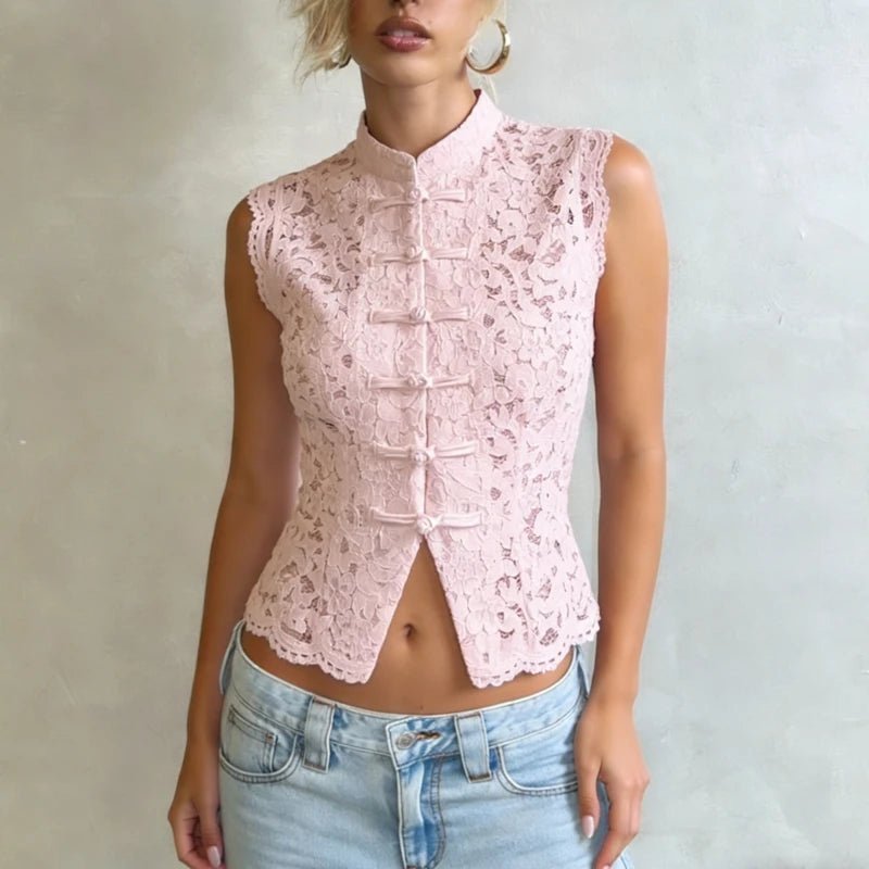 Blouse Beatrix en dentelle transparente à col mandarin