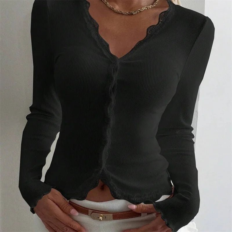 Blouse Roxana côtelée avec dentelle et col en V