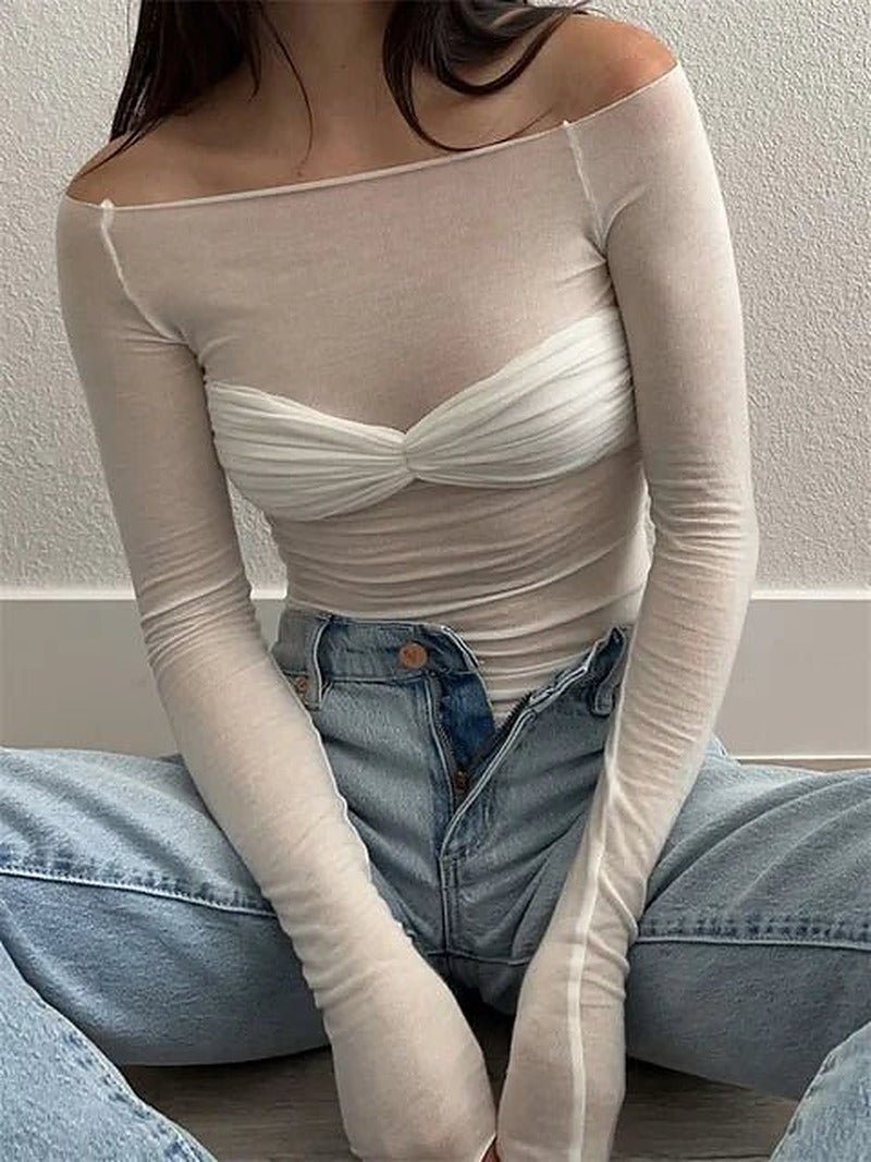 Top Sara en résille transparente à épaules dénudées