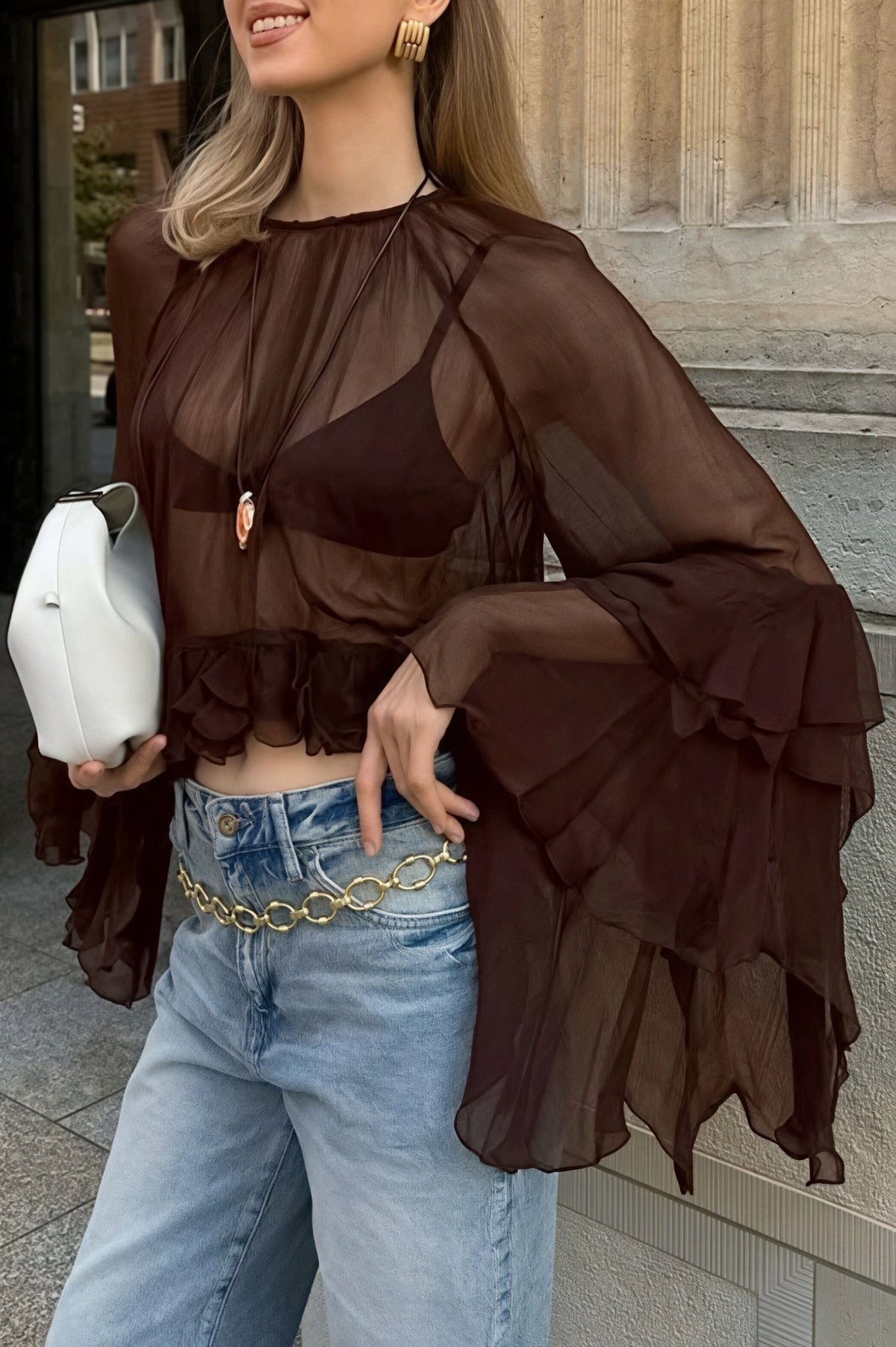 Blouse Greta en chiffon à manches évasées et volants