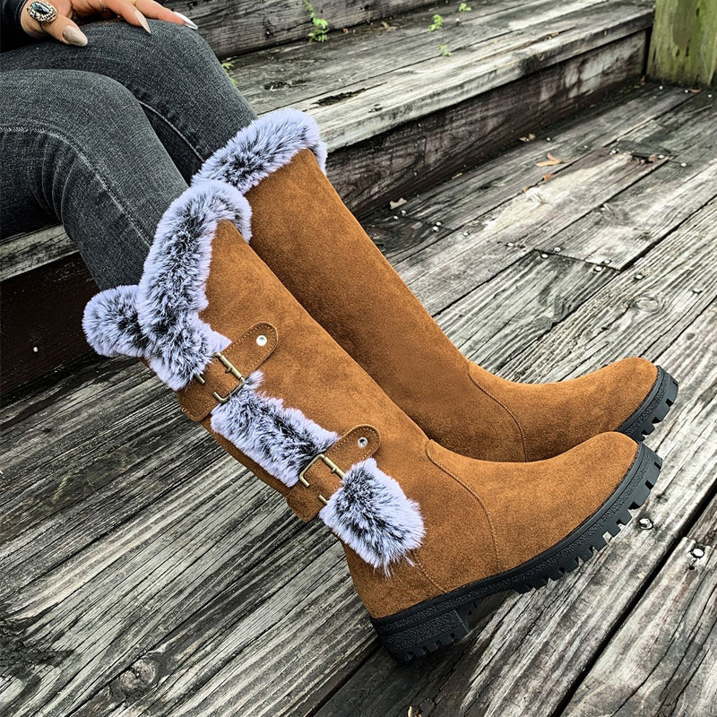 Bottes de neige pour femmes à hauteur mi-mollet avec doublure épaisse en fausse fourrure【Livraison gratuite】