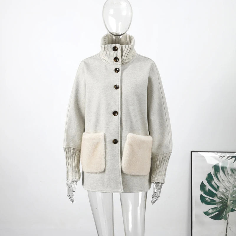 Manteau en maille avec col montant Terry et fausse fourrure