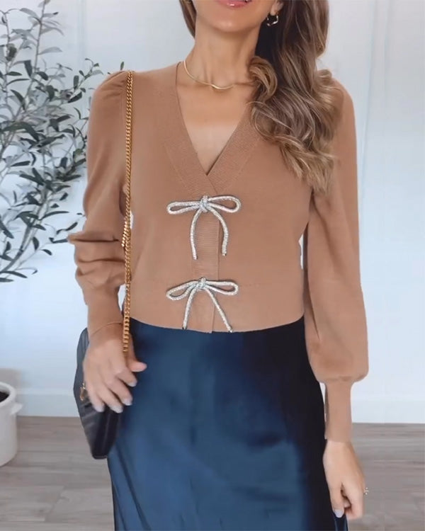 Cardigan Tendance, Col en V, Nœud Brodé